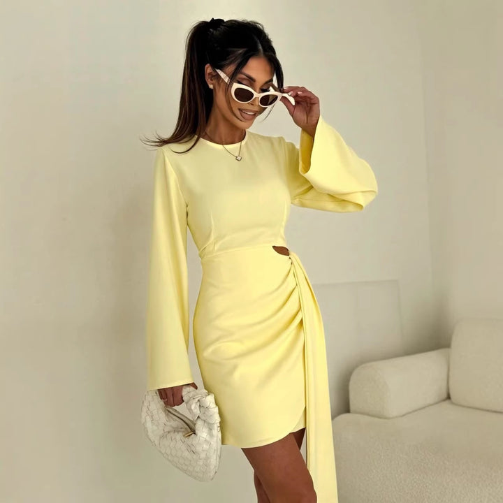 Women Elegant Wrap Minidress with Side Waist Opening, Wide Trumpet Sleeves and Draped Waist Area Mune Fashion