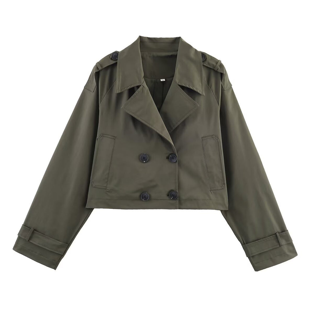 Women's Cropped Double-Breasted Trench Coat with Wide Lapels, Epaulettes and Boxy Cut Mune Fashion