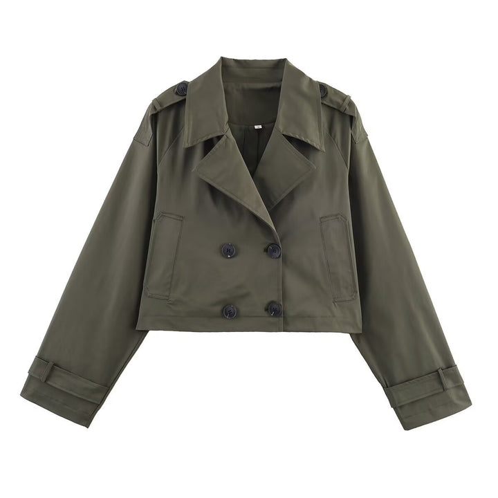 Women's Cropped Double-Breasted Trench Coat with Wide Lapels, Epaulettes and Boxy Cut Mune Fashion