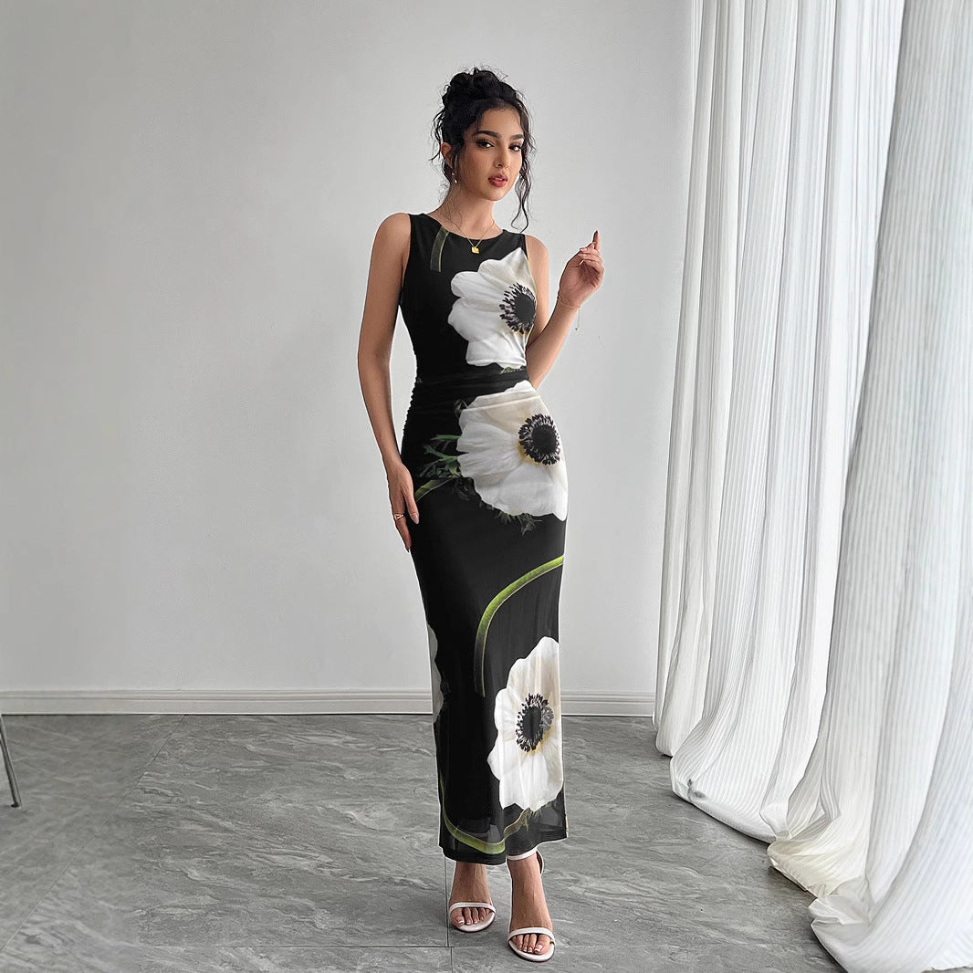 Women's form-fitting sleeveless maxi dress with photorealistic floral print and tailored silhouette Mune Fashion