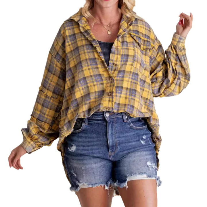 Women's oversized check shirt with fringe trim, chest pockets, and loose fit Mune Fashion
