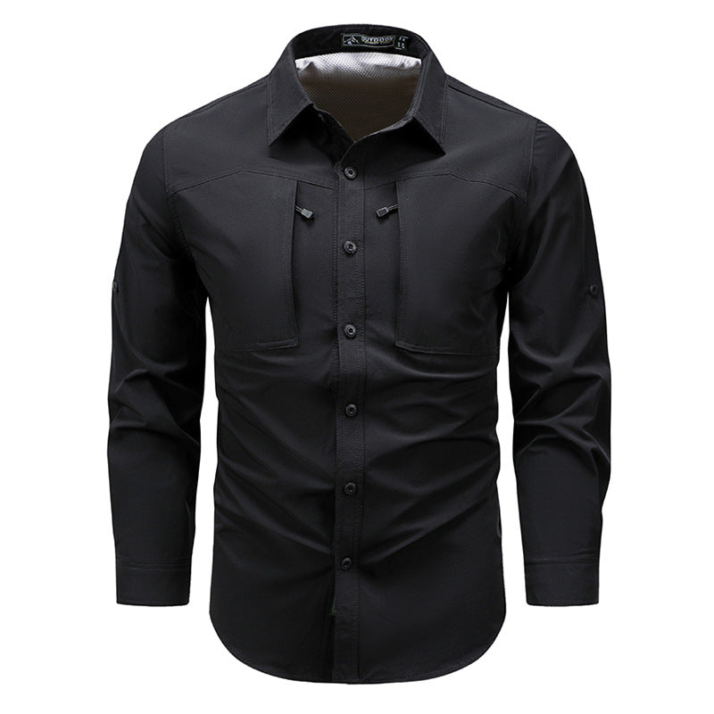 Men's light stretch utility shirt with roll sleeve system, concealed breast pockets, and breathable woven structure Mune Fashion