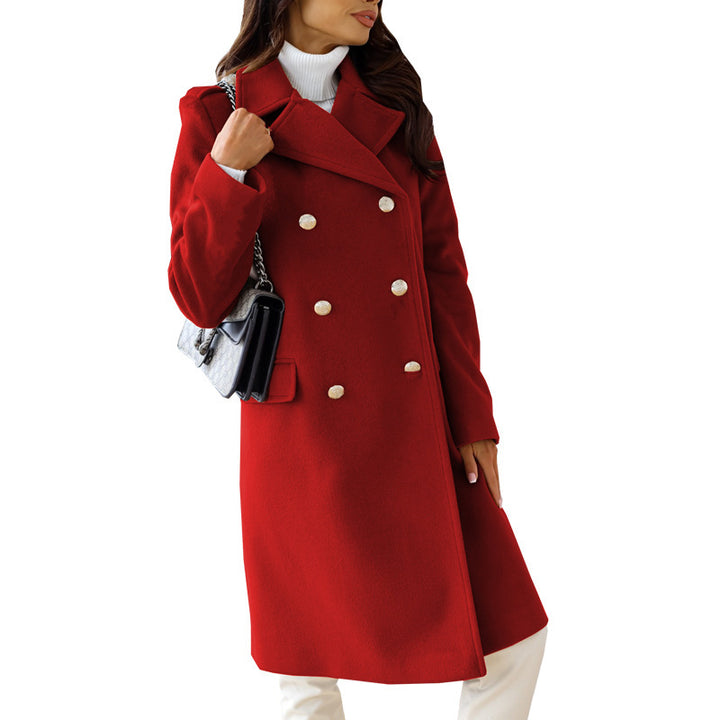 Women's tailored wool blend long coat with double button placket, lapel collar, and flap pockets Mune Fashion