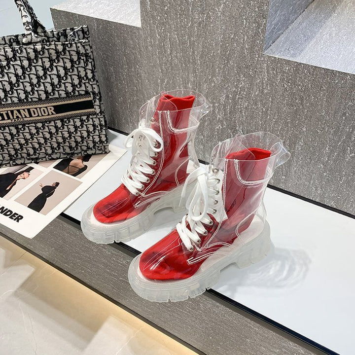 Women's transparent platform ankle boots with sock-like knitted shaft and tread sole Mune Fashion