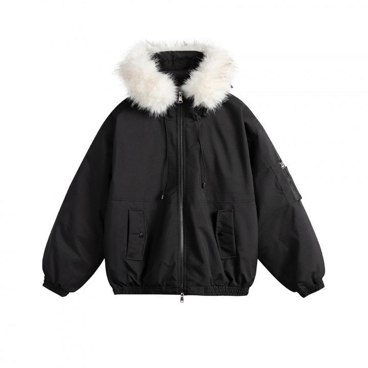 Women's Padded Bomber Jacket with Faux Fur Hood, Boxy Cut and Utility Pockets Mune Fashion