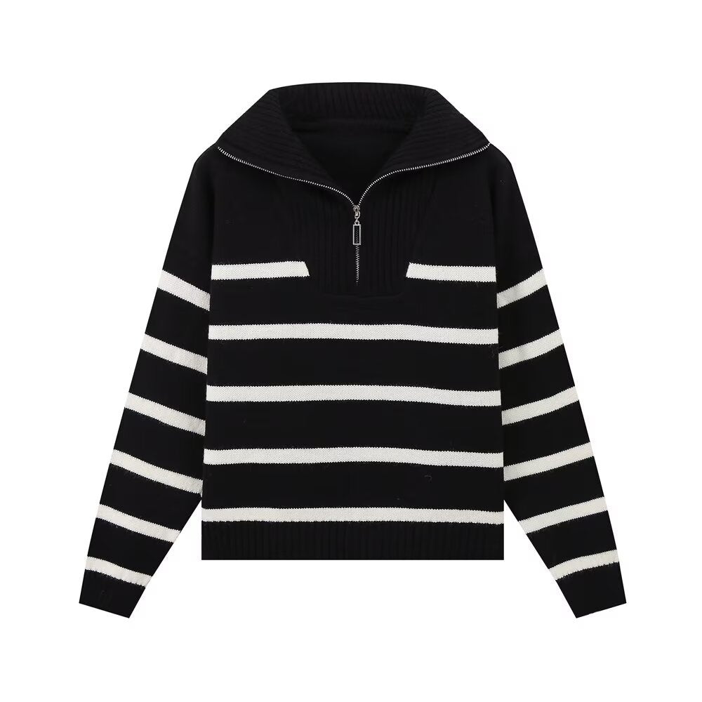 Women's Striped Knit Sweater with High Turtleneck and Half Zipper Mune Fashion