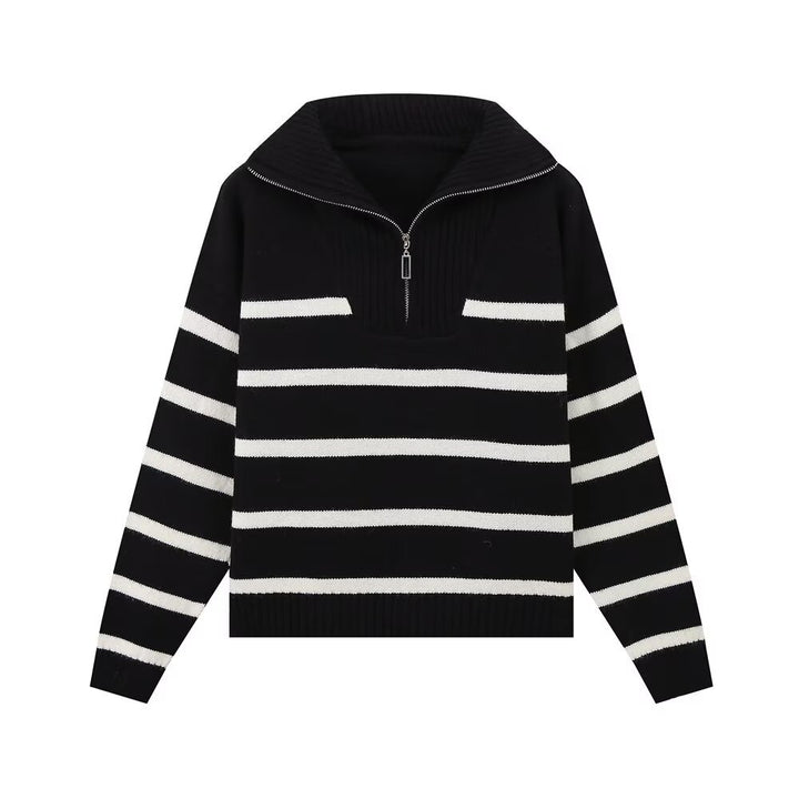 Women's Striped Knit Sweater with High Turtleneck and Half Zipper Mune Fashion