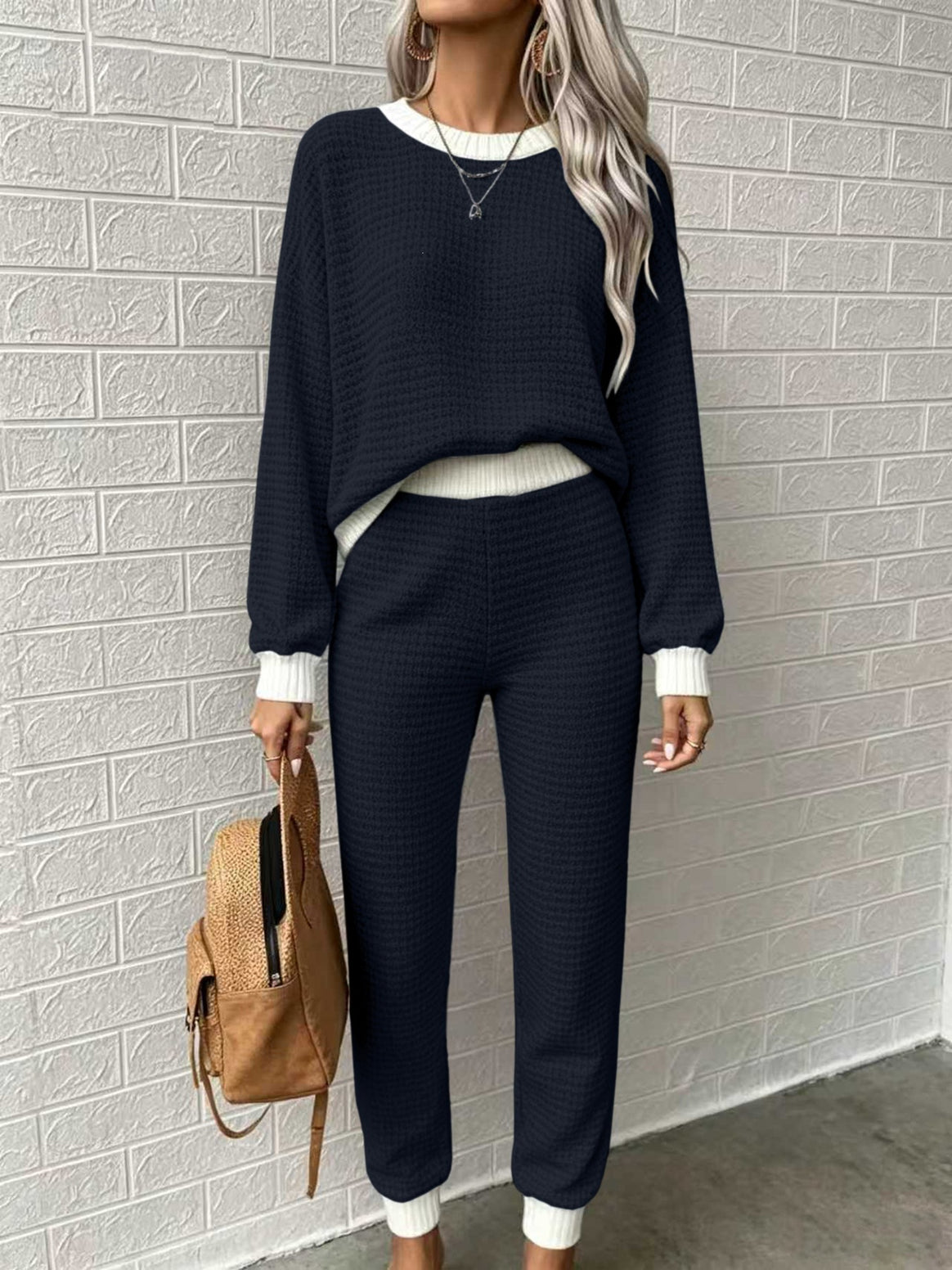 Women Comfortable Waffle Knit Lounge Set with Ribbed Cuffs Mune Fashion
