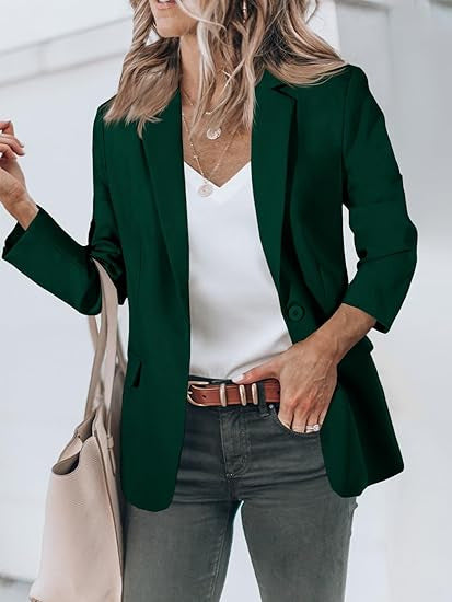 Women's Light Stretch Blazer with Shawl Collar, One-Button Closure and Three-Quarter Sleeves Drune
