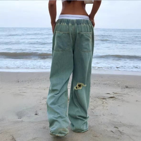 Women's Wide Vintage Denim Pants with Elastic Drawstring Waist and Floor-Length Baggy Cut Mune Fashion