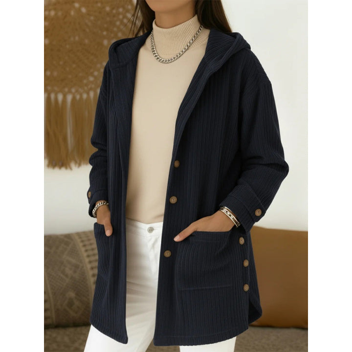 Women's Long Hooded Knitted Cardigan with Ribbed Texture, Button Placket and Side Pockets Mune Fashion