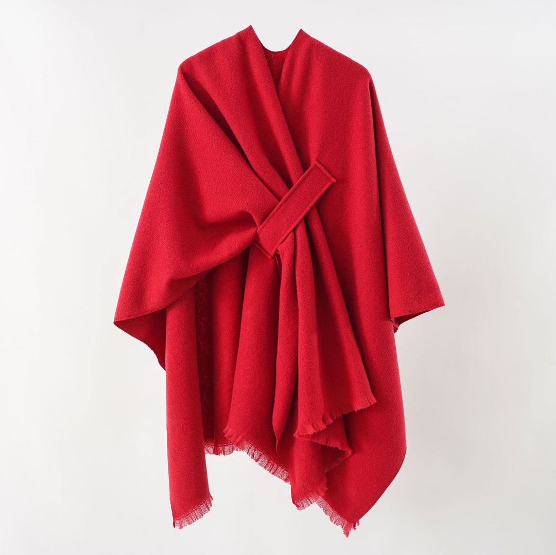 Women's lightweight wool blend wrap with fringes and tie belt Mune Fashion