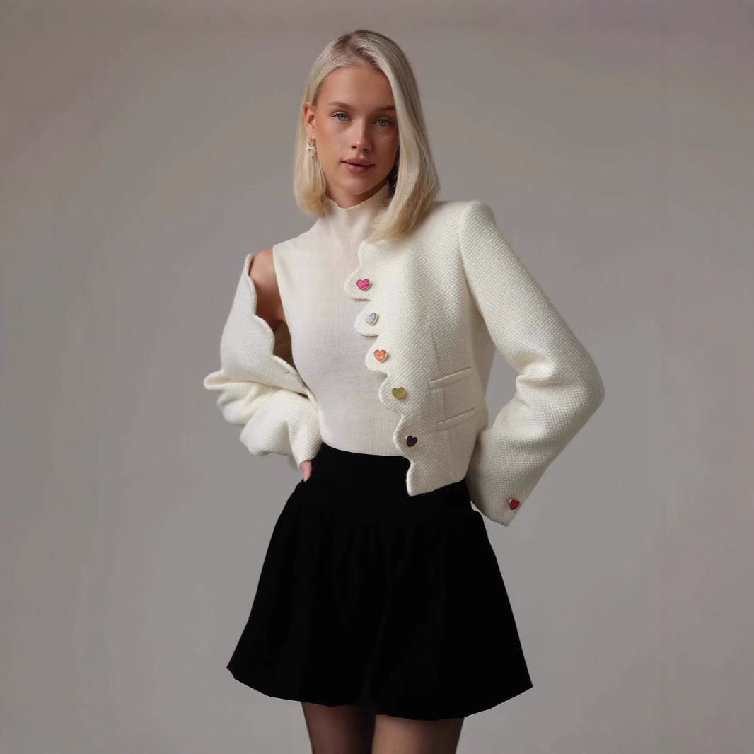 Women's Tailored Boucle Short Blazer with Curved Button Placket and Heart Buttons Mune Fashion