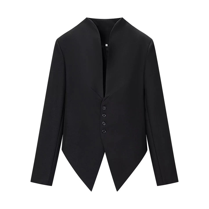 Women's fitted blazer with stand-up collar, asymmetrical pointed hem, and button placket Mune Fashion
