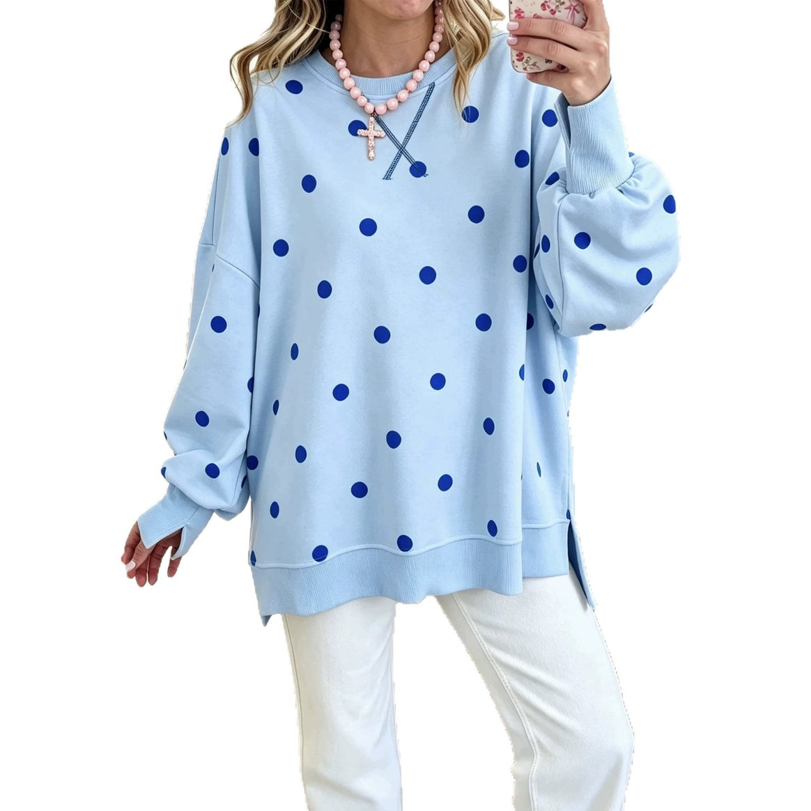 Women's Oversize Sweatshirt with Puff Sleeves, Polka Dots and Side Slits Mune Fashion