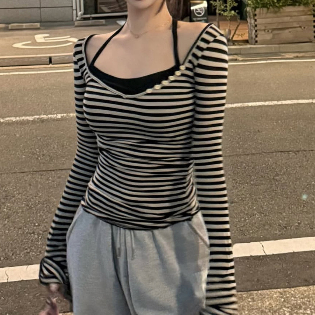 Women striped off-shoulder long sleeve shirt with diagonal decorative button placket and fitted silhouette Mune Fashion