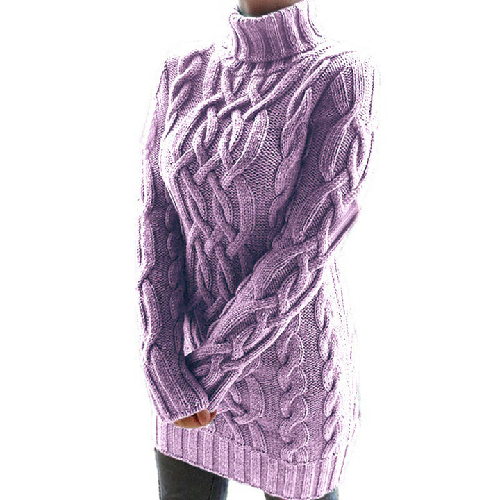 Women Oversized Knit Dress with Distinctive Cable Pattern and Turtleneck Mune Fashion