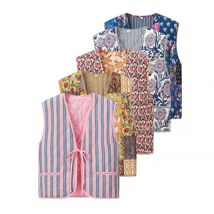 Women Padded Quilted Vest with Floral Allover Look and Tie Band Mune Fashion