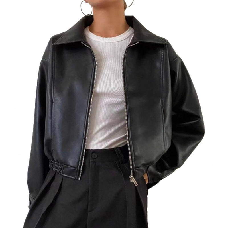 Women's Oversized Leather Jacket in Bomber Style with Elastic Hem Mune Fashion