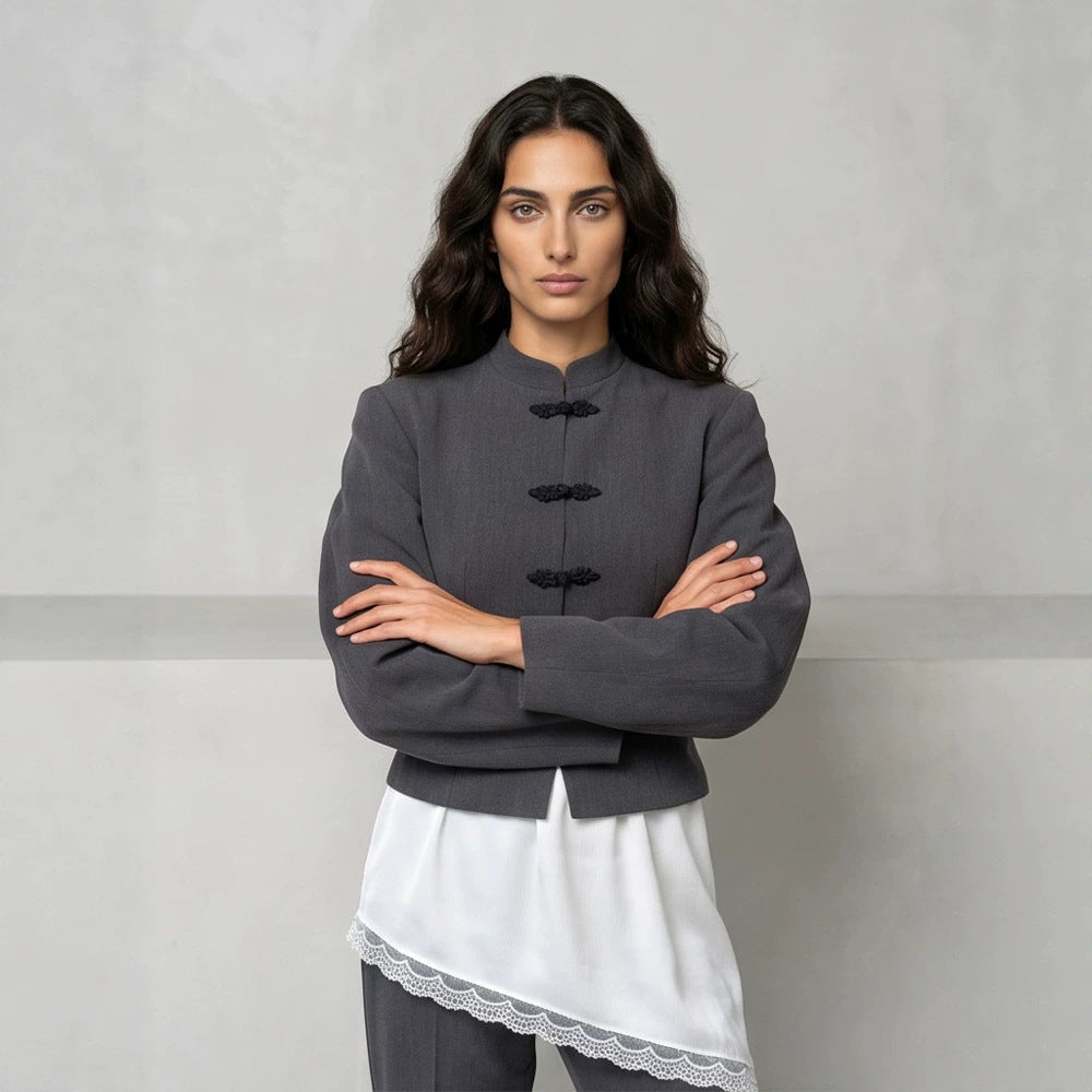 Women's Tailored Cropped Blazer with Mandarin Collar and Decorative Knot Closure Mune Fashion