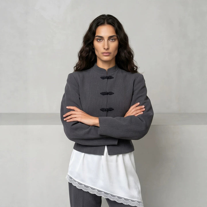 Women's Tailored Cropped Blazer with Mandarin Collar and Decorative Knot Closure Mune Fashion