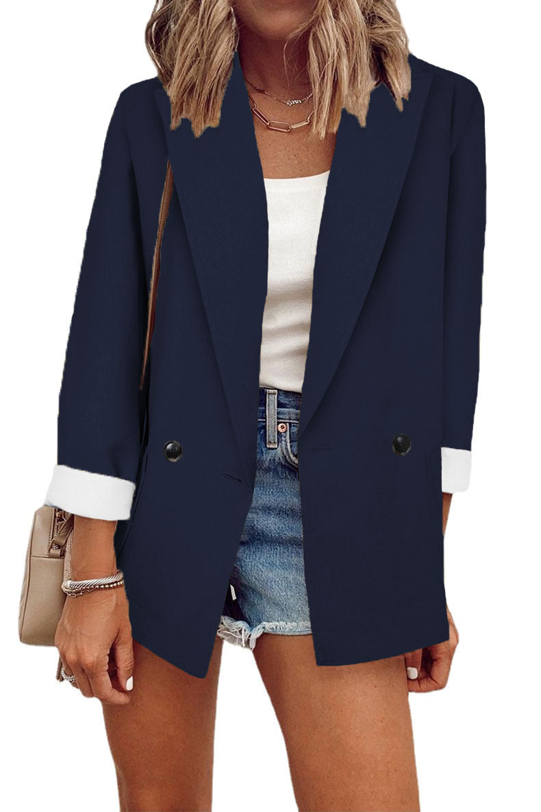 Women's Oversize Longline Blazer with 3/4 Sleeves, Contrast Lapel and Patch Pockets Mune Fashion