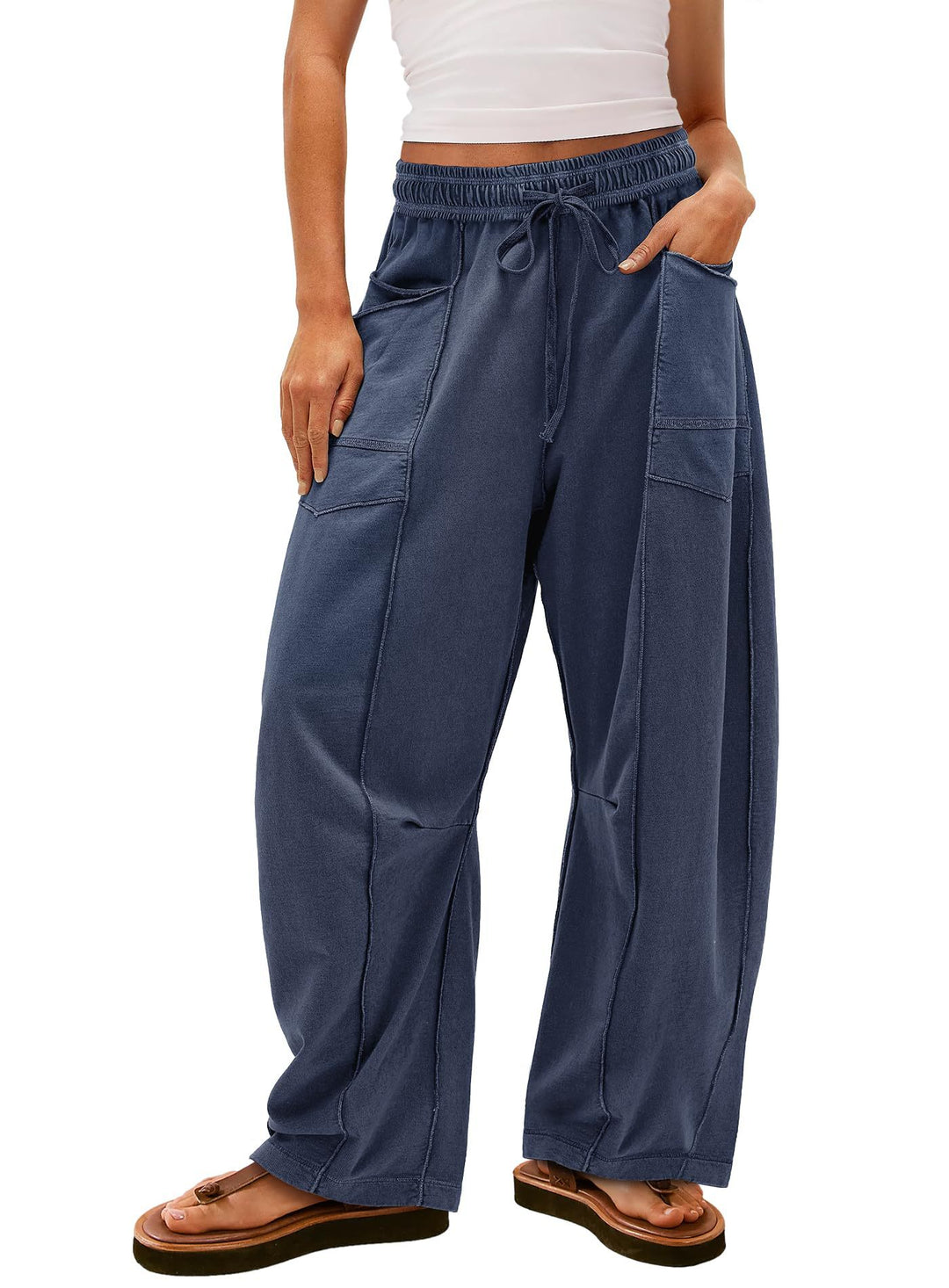 Women wide cargo lounge pants with elastic waistband and contrast seams Mune Fashion