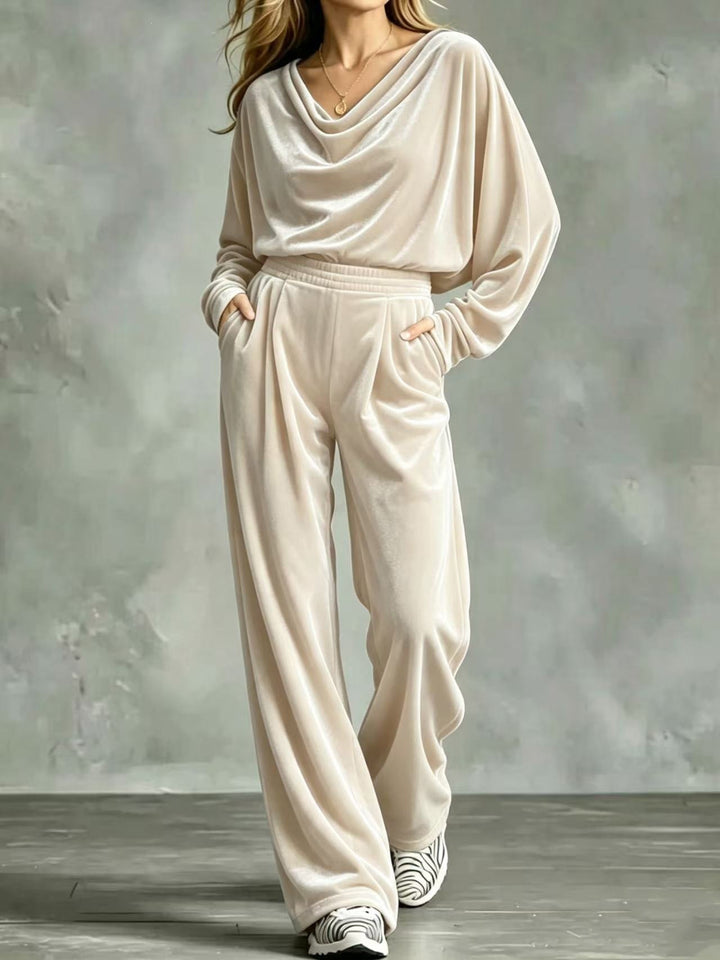 Women's Velvet Loungewear Set with Waterfall Collar, Wide Palazzo Cut and Insert Pockets Mune Fashion