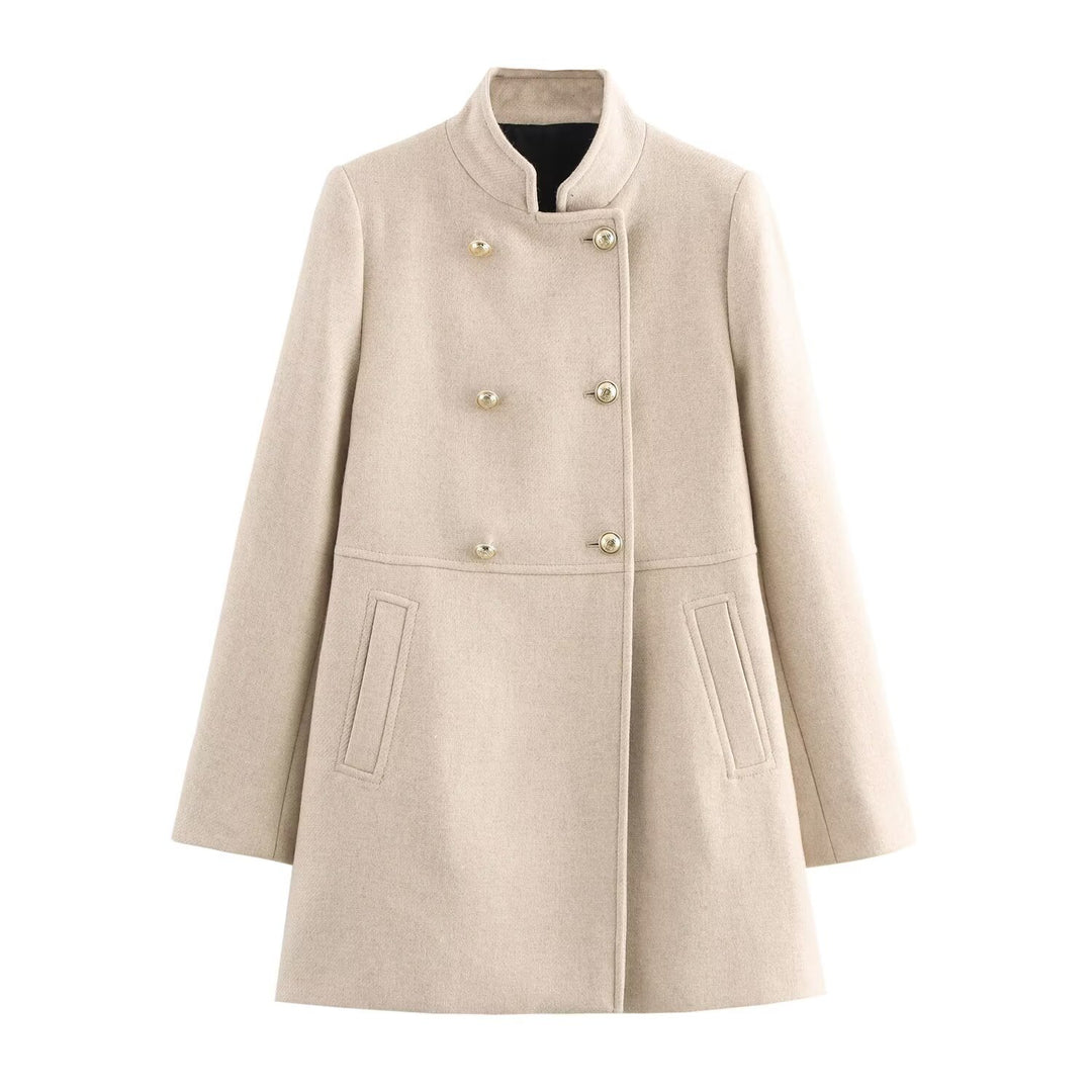 Women's Double-Breasted Wool Blend Coat with Stand Collar and Decorative Buttons Mune Fashion