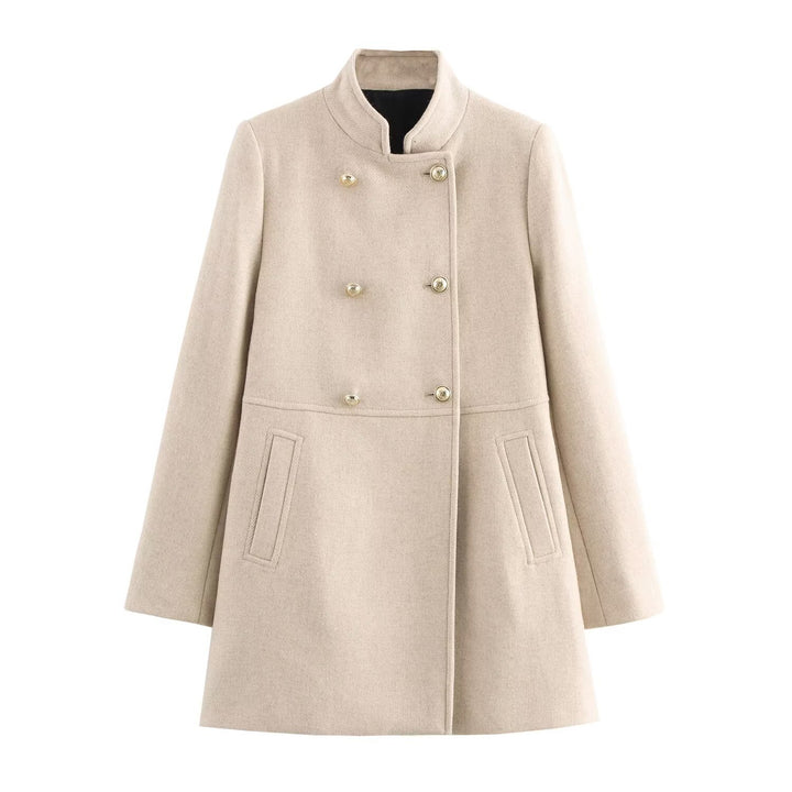 Women's Double-Breasted Wool Blend Coat with Stand Collar and Decorative Buttons Mune Fashion
