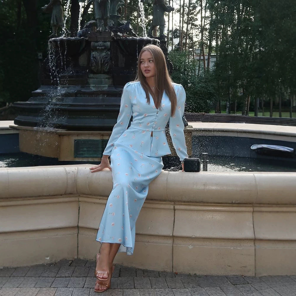 Women's Two-Piece Tailored Blouse and Maxi Skirt Set with V-Neck and Button Details Mune Fashion