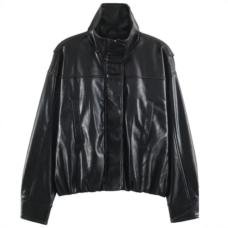 Women Short Blouson made of Artificial Leather with Double-Breasted Button Placket and Shoulder Cape Mune Fashion