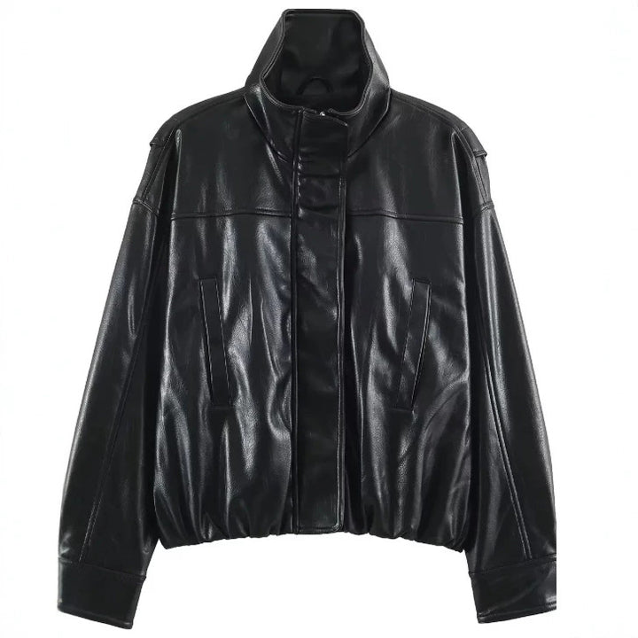 Women Short Blouson made of Artificial Leather with Double-Breasted Button Placket and Shoulder Cape Mune Fashion