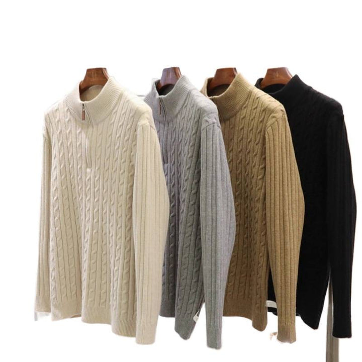 Men's fine knit pullover with cable pattern and half zip stand-up collar Mune Fashion