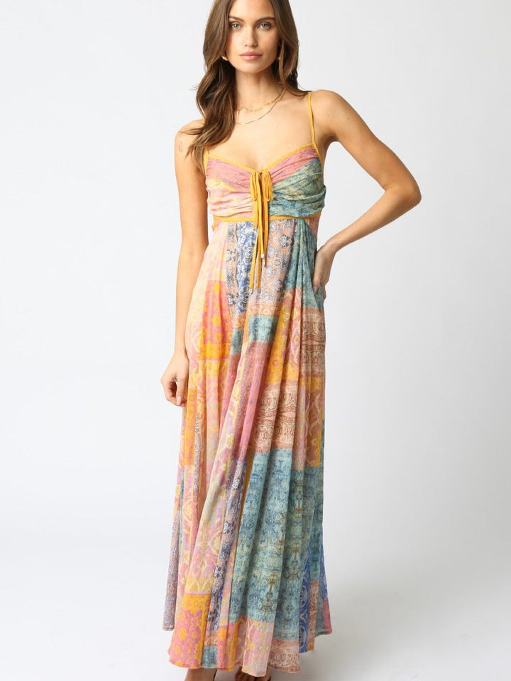 Ladies' ankle-length maxi dress with gathered bustier, drawstring, and patchwork print Mune Fashion