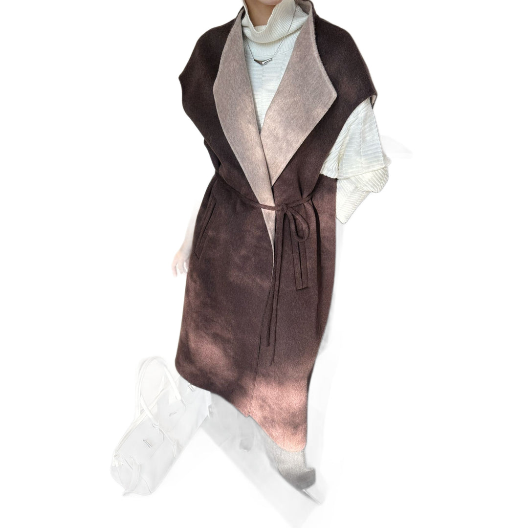 Women Maximal sleeveless wool coat with shawl collar and tie belt Mune Fashion