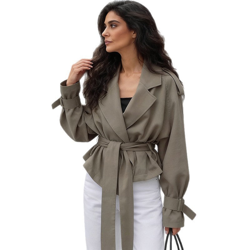 Women Lightweight Short Trench Coat with Wide Lapels, Long Ties and Adjustable Cuffs Mune Fashion