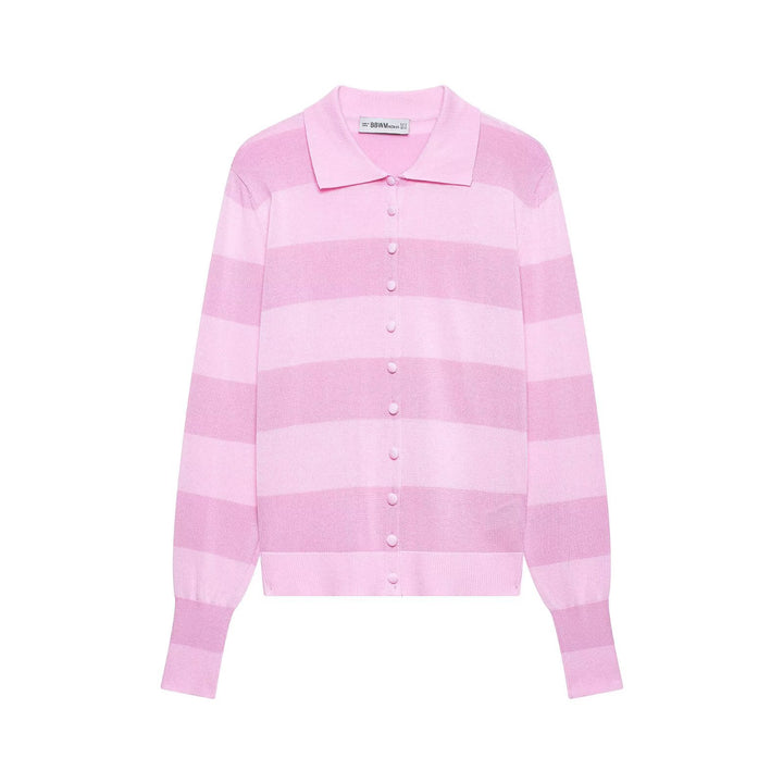 Women Striped Fine Knit Cardigan with Polo Collar and Covered Buttons Mune Fashion