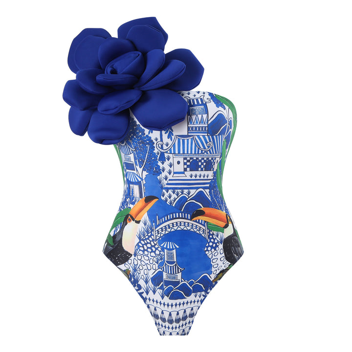 Ladies Elegant Swimsuit with Large Floral Detail and Transparent Overlay Mune Fashion