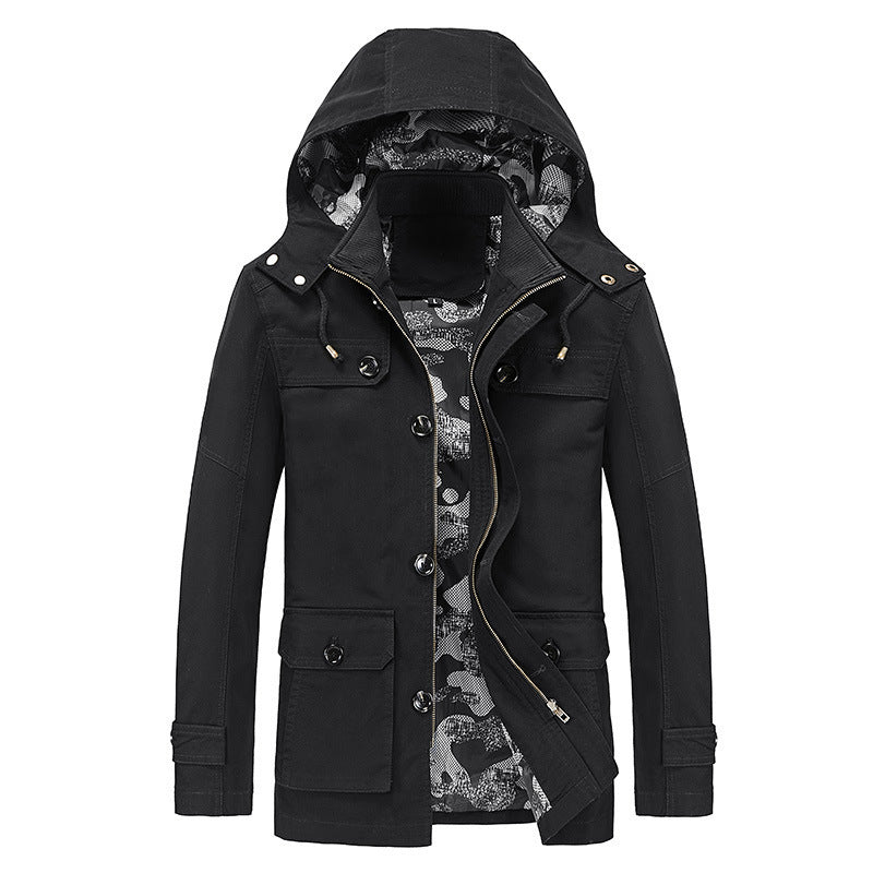 Men's mid-length canvas field jacket with hood, cargo pockets and camouflage lining Mune Fashion