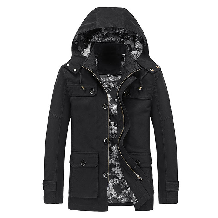Men's mid-length canvas field jacket with hood, cargo pockets and camouflage lining Mune Fashion