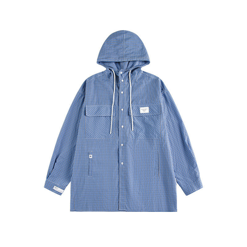 Unisex hooded overshirt in checked longline cut with flap pockets and snap button placket Mune Fashion