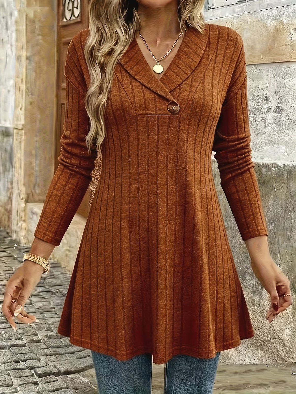 Women Knitted A-Line Tunic Dress with Lapel and Decorative Button Mune Fashion
