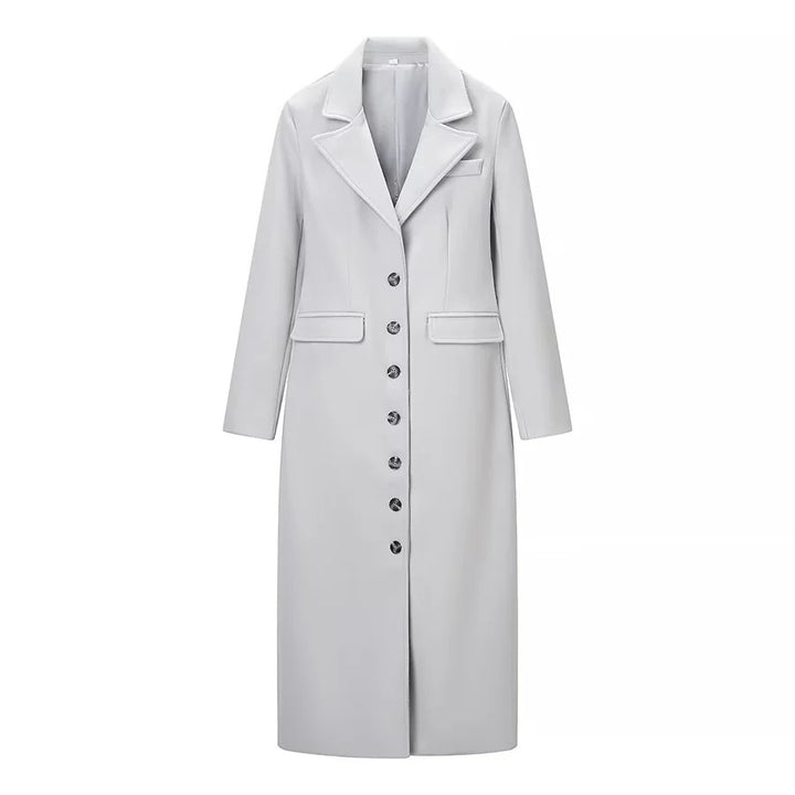 Women's figure-hugging knee-length coat with shawl collar, full button placket and flap pockets Mune Fashion