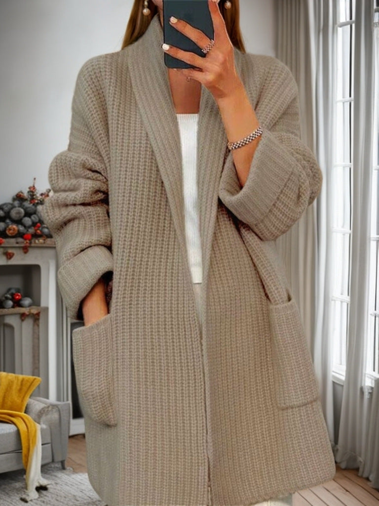Women's longer oversized knitted coat with shawl collar and patch pockets Mune Fashion