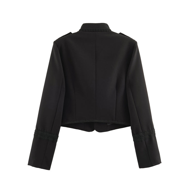 Ladies short military-style jacket with mandarin collar, decorative knot, and epaulettes Drune