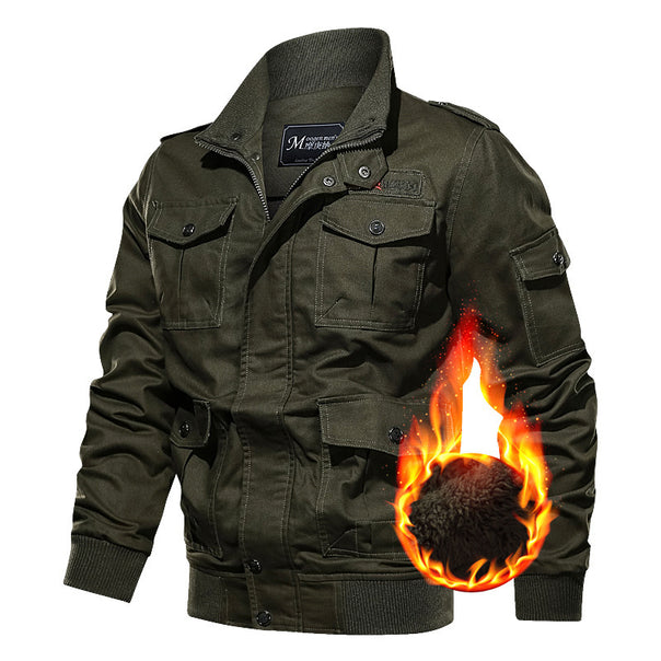 Men's nan windproof canvas military jacket with teddy lining, multiple flap and zipper pockets, and ribbed hem Mune Fashion