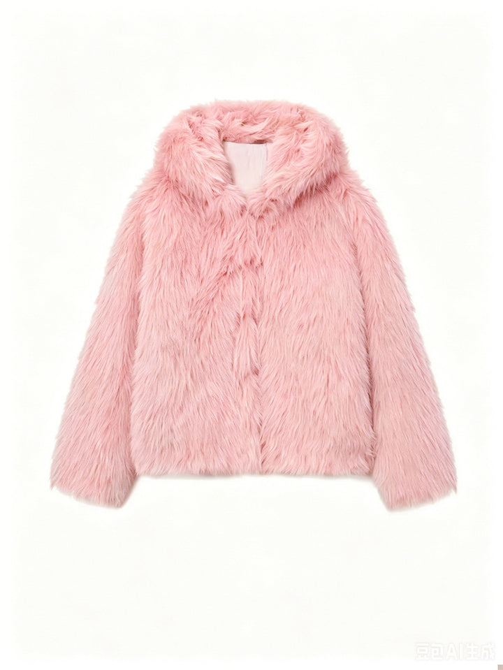 Women's Cropped Faux Fur Jacket with Hood, Dense Long Pile and Boxy Silhouette Mune Fashion