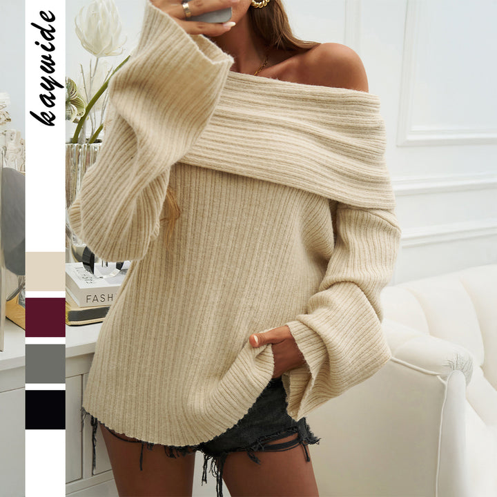 Women’s Oversized Off-Shoulder Ribbed Knit Sweater with Wide Fold-Over Collar and Balloon Sleeves Mune Fashion