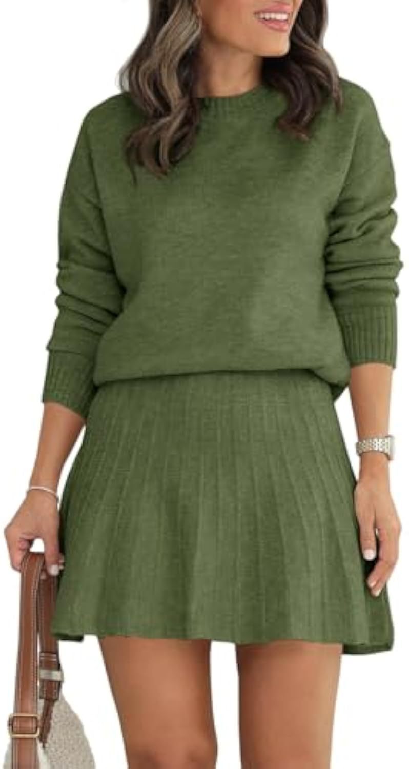 Women's Two-Piece Knit Set with Round Neck Sweater and Pleated Mini Skirt Drune